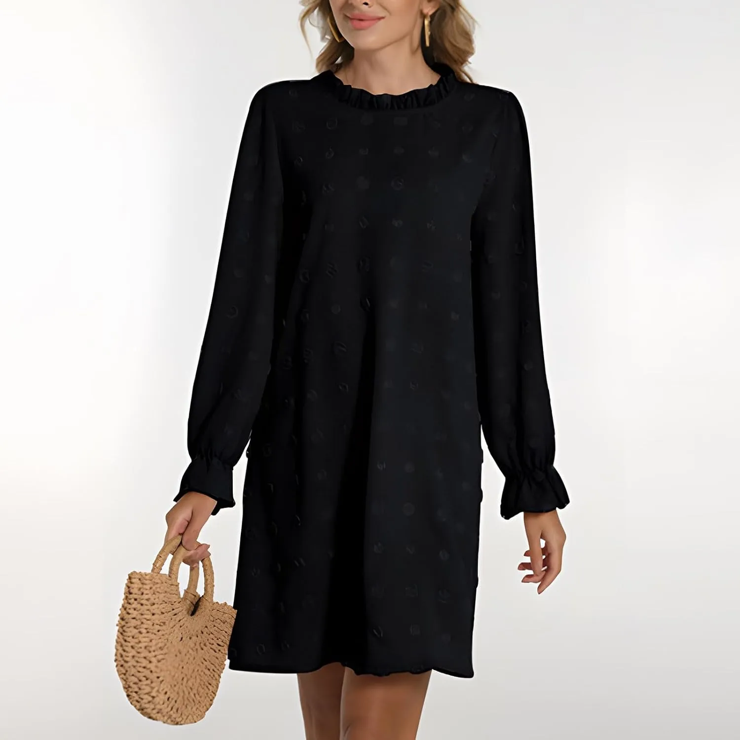 Womens 2024 Summer Dress Ruffle Puff Long Sleeve Swiss Dot Wedding Guest Dresses Casual Frill Trim Crew Neck Mini Dress