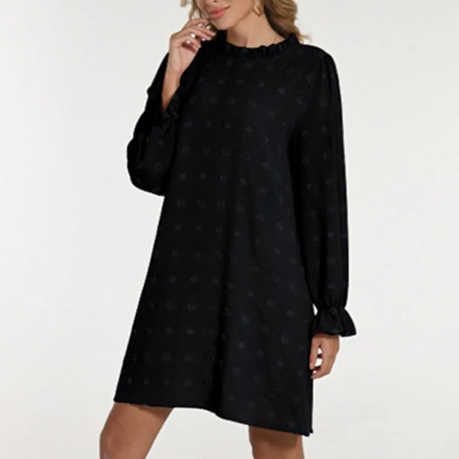 Womens 2024 Summer Dress Ruffle Puff Long Sleeve Swiss Dot Wedding Guest Dresses Casual Frill Trim Crew Neck Mini Dress