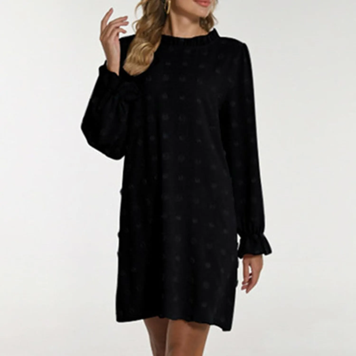 Womens 2024 Summer Dress Ruffle Puff Long Sleeve Swiss Dot Wedding Guest Dresses Casual Frill Trim Crew Neck Mini Dress