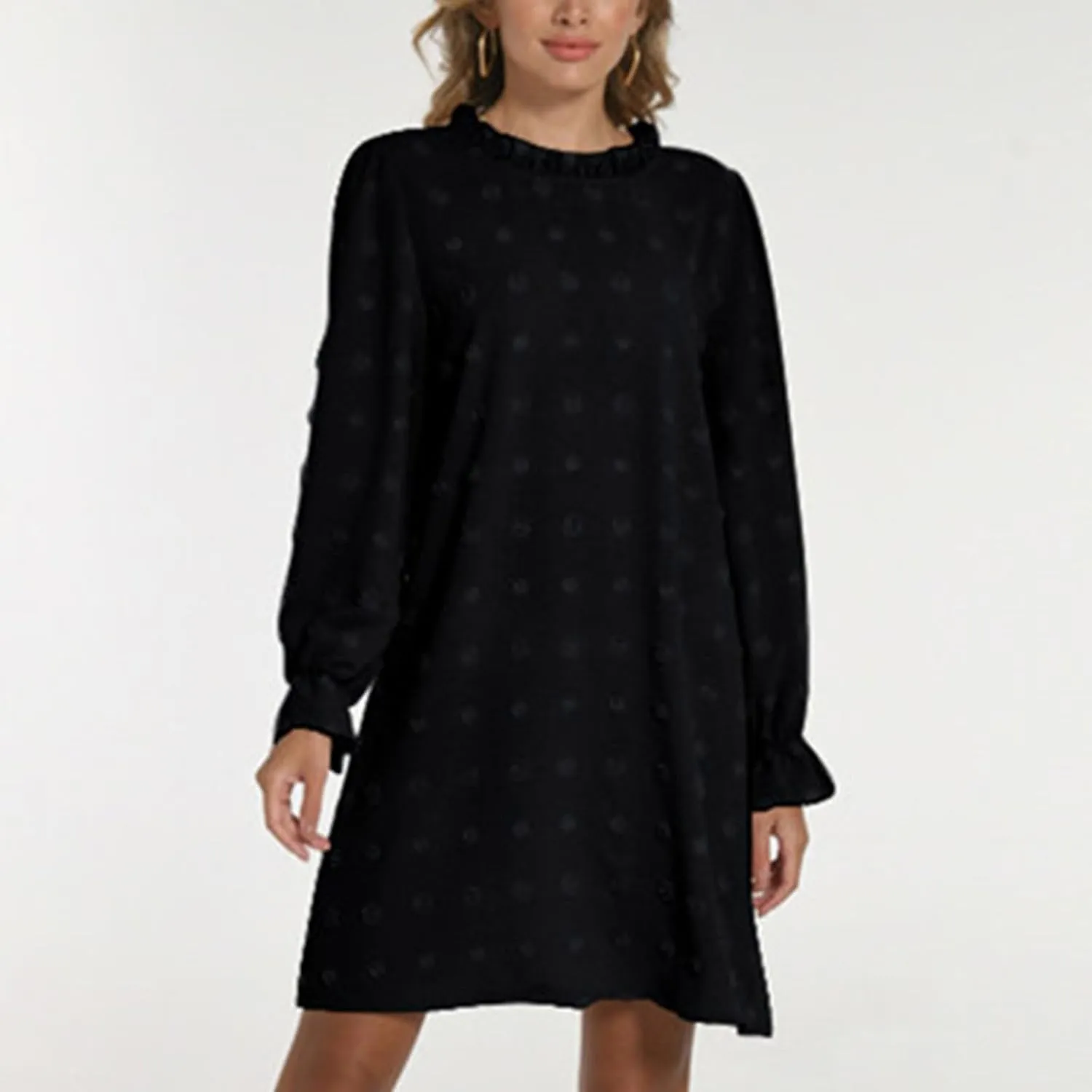 Womens 2024 Summer Dress Ruffle Puff Long Sleeve Swiss Dot Wedding Guest Dresses Casual Frill Trim Crew Neck Mini Dress