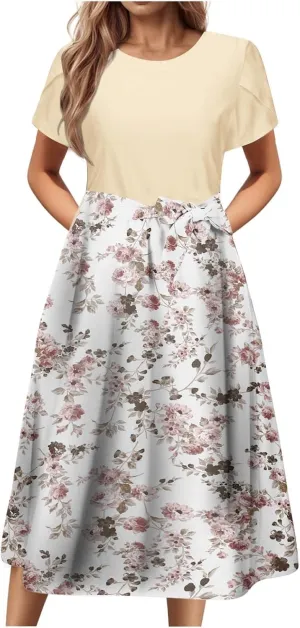 Womens 2025 Summer Casual Crew Neck Boho Midi Dress Flowy Bow Tie A-line Short Sleeve Floral Print Dresses Plus Size