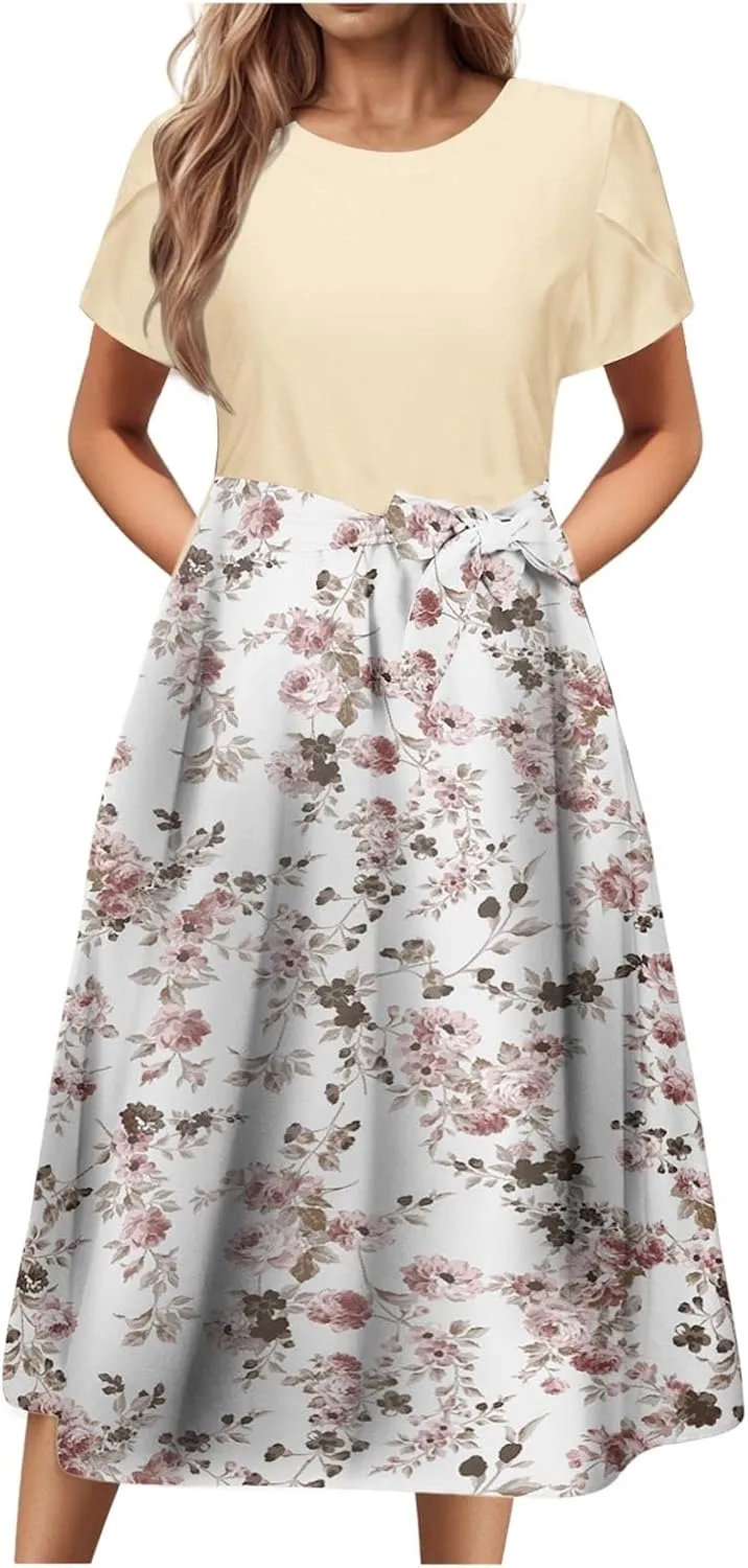 Womens 2025 Summer Casual Crew Neck Boho Midi Dress Flowy Bow Tie A-line Short Sleeve Floral Print Dresses Plus Size