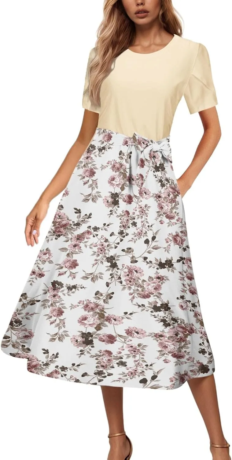 Womens 2025 Summer Casual Crew Neck Boho Midi Dress Flowy Bow Tie A-line Short Sleeve Floral Print Dresses Plus Size