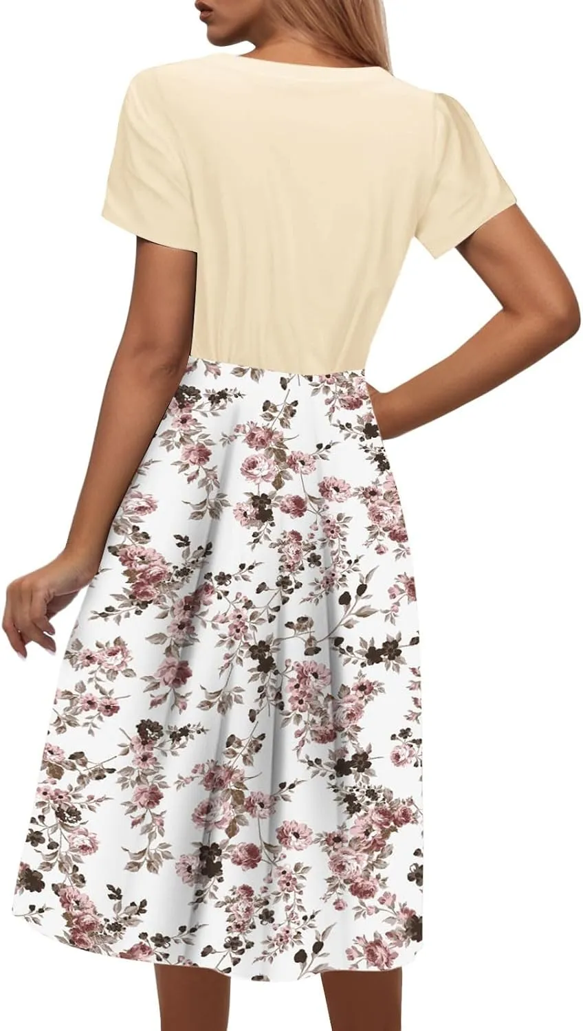 Womens 2025 Summer Casual Crew Neck Boho Midi Dress Flowy Bow Tie A-line Short Sleeve Floral Print Dresses Plus Size