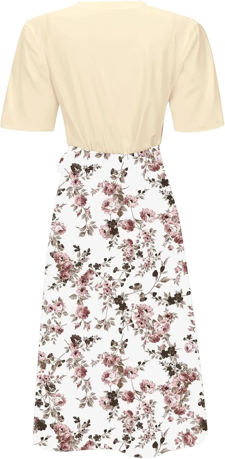 Womens 2025 Summer Casual Crew Neck Boho Midi Dress Flowy Bow Tie A-line Short Sleeve Floral Print Dresses Plus Size