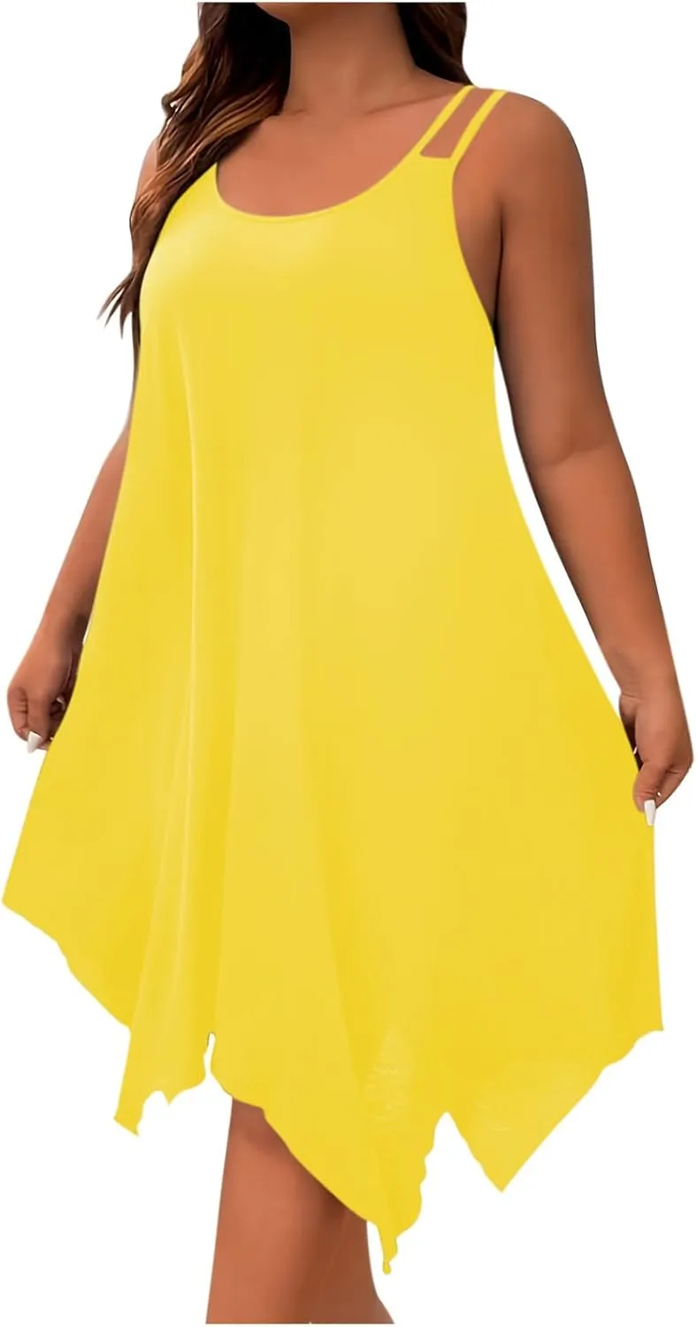 Women's 2025 Summer Dress Casual Boho Sundress Spaghetti Strap Beach Cover Up Irregular Hem Flowy Midi Vacation Dresses
