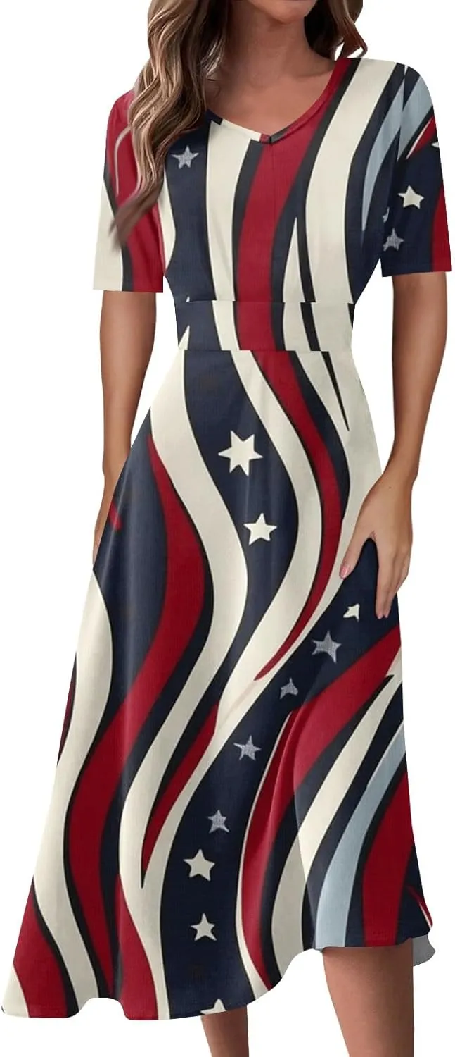Womens American Flag Dress 4th of July Patriotic Dresses USA Stars Stripes Dresses Sexy V Neck Summer Sundress