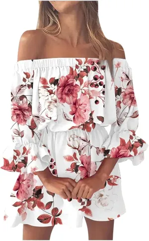Women's Bodycon Dresses Summer Loose Casual Trendy Dress Cold Shoulder Floral Printed Ruffle Sleeve Dresses, S-3XL