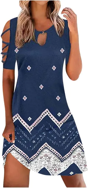 Womens Bohemian Floral Sundress Hollow Short Dresses Cold Shoulder Mini Dress Island Vacation Summer Outfits 2023