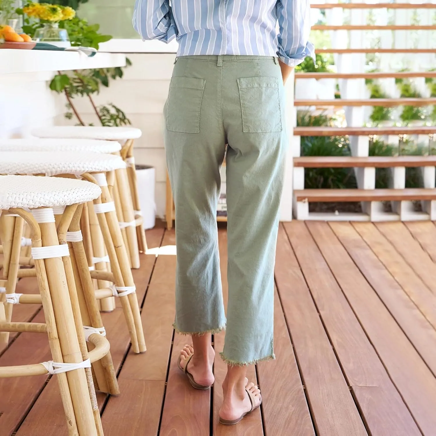 Womens Cargo Pants, Peasant Pants Straight Leg Casual Trendy Linen Plaid Adjustable