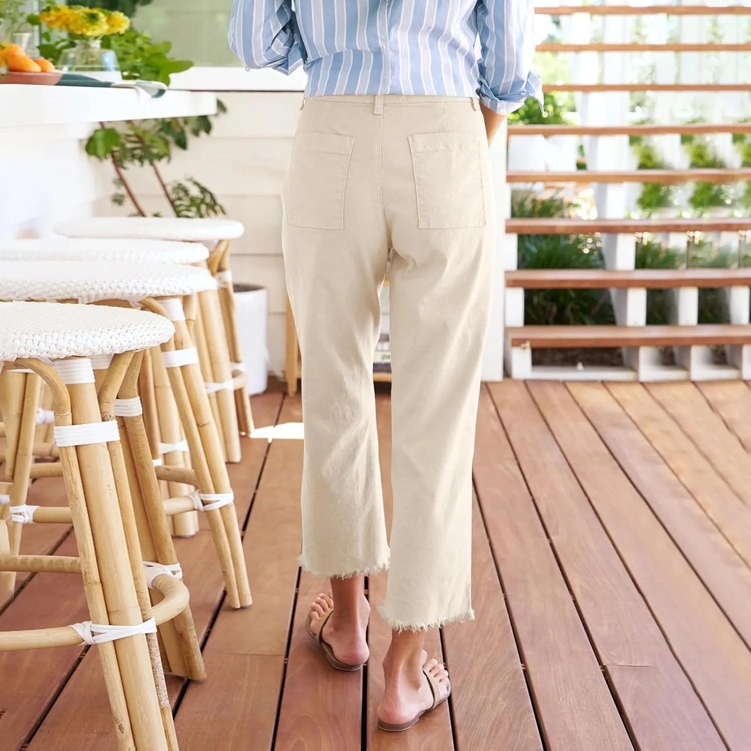 Womens Cargo Pants, Peasant Pants Straight Leg Casual Trendy Linen Plaid Adjustable