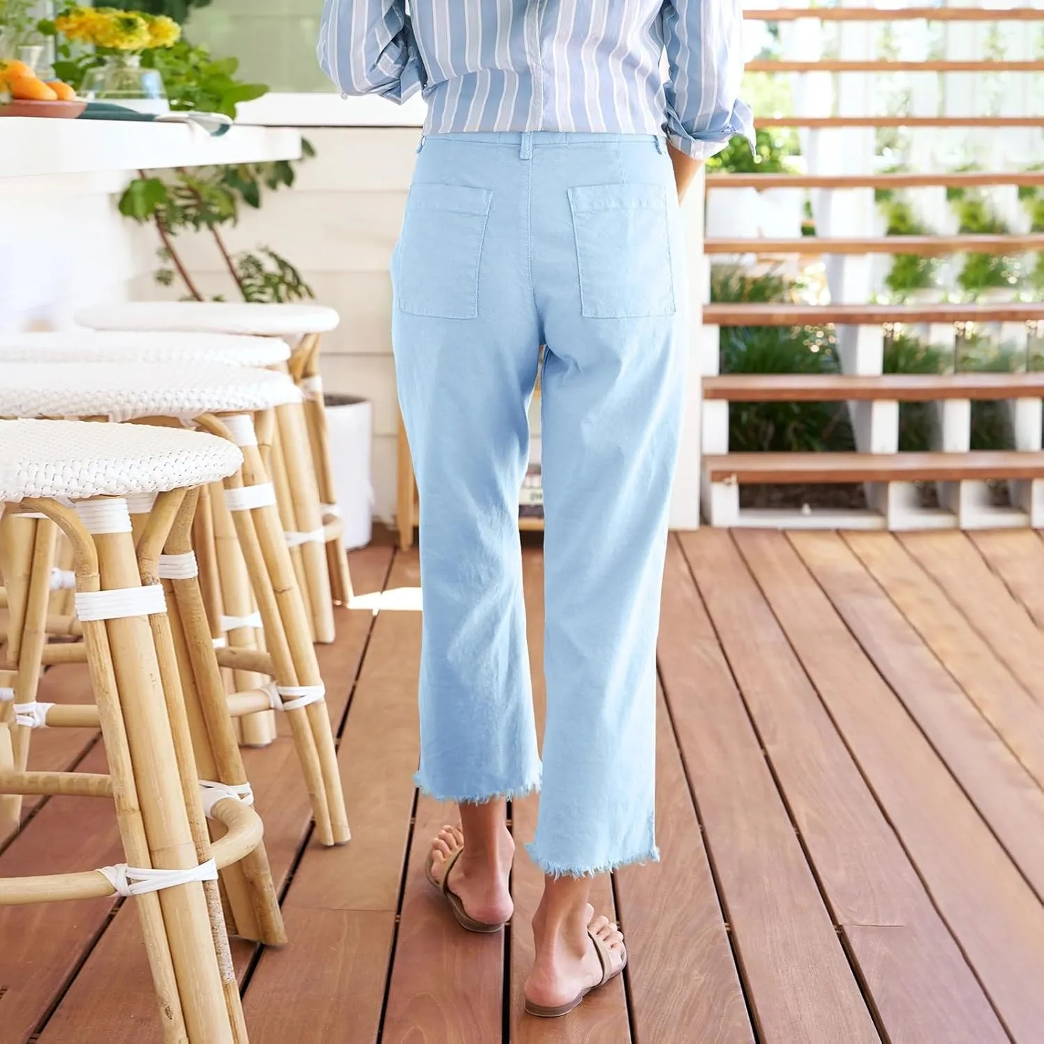 Womens Cargo Pants, Peasant Pants Straight Leg Casual Trendy Linen Plaid Adjustable