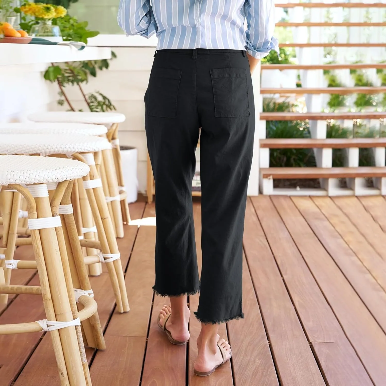 Womens Cargo Pants, Peasant Pants Straight Leg Casual Trendy Linen Plaid Adjustable