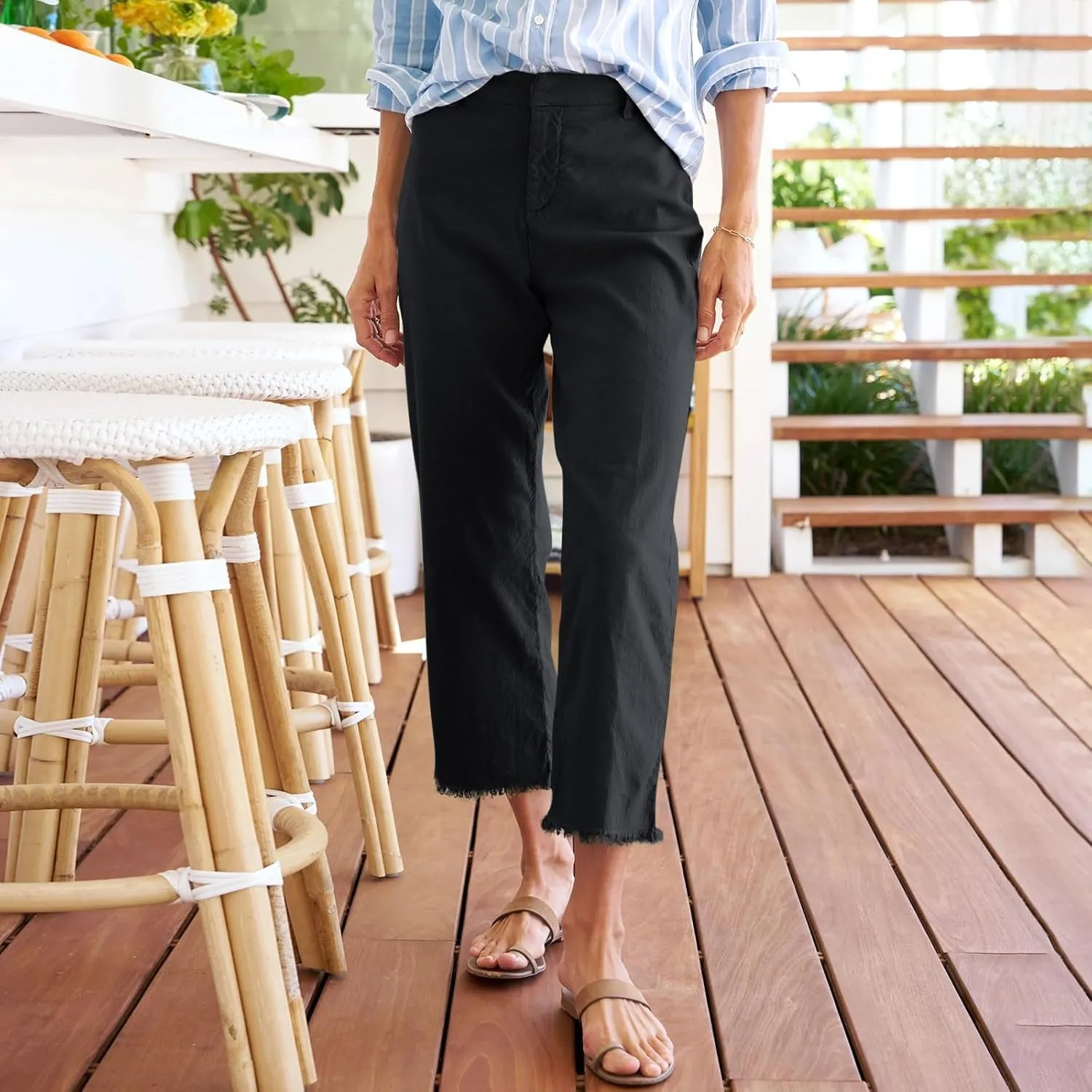 Womens Cargo Pants, Peasant Pants Straight Leg Casual Trendy Linen Plaid Adjustable
