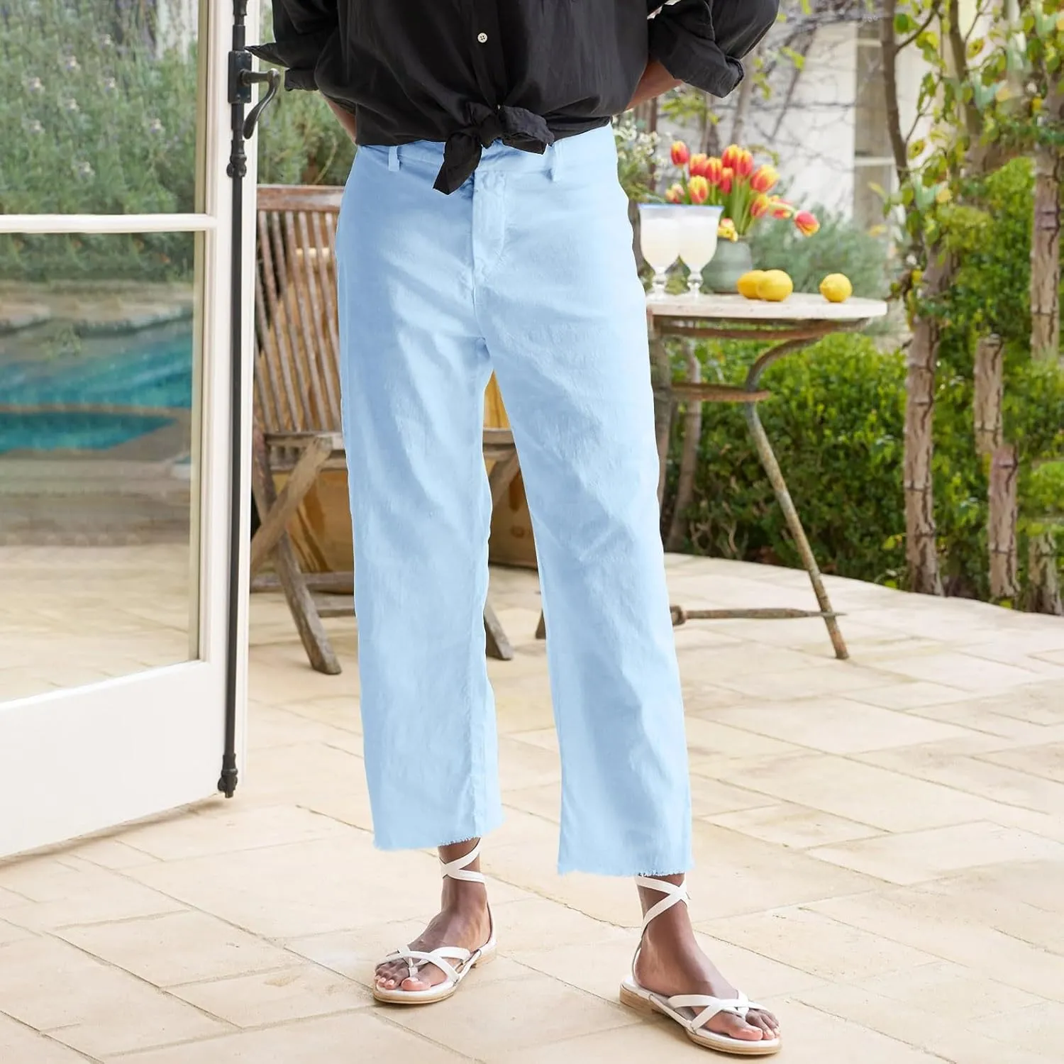Womens Cargo Pants, Peasant Pants Straight Leg Casual Trendy Linen Plaid Adjustable