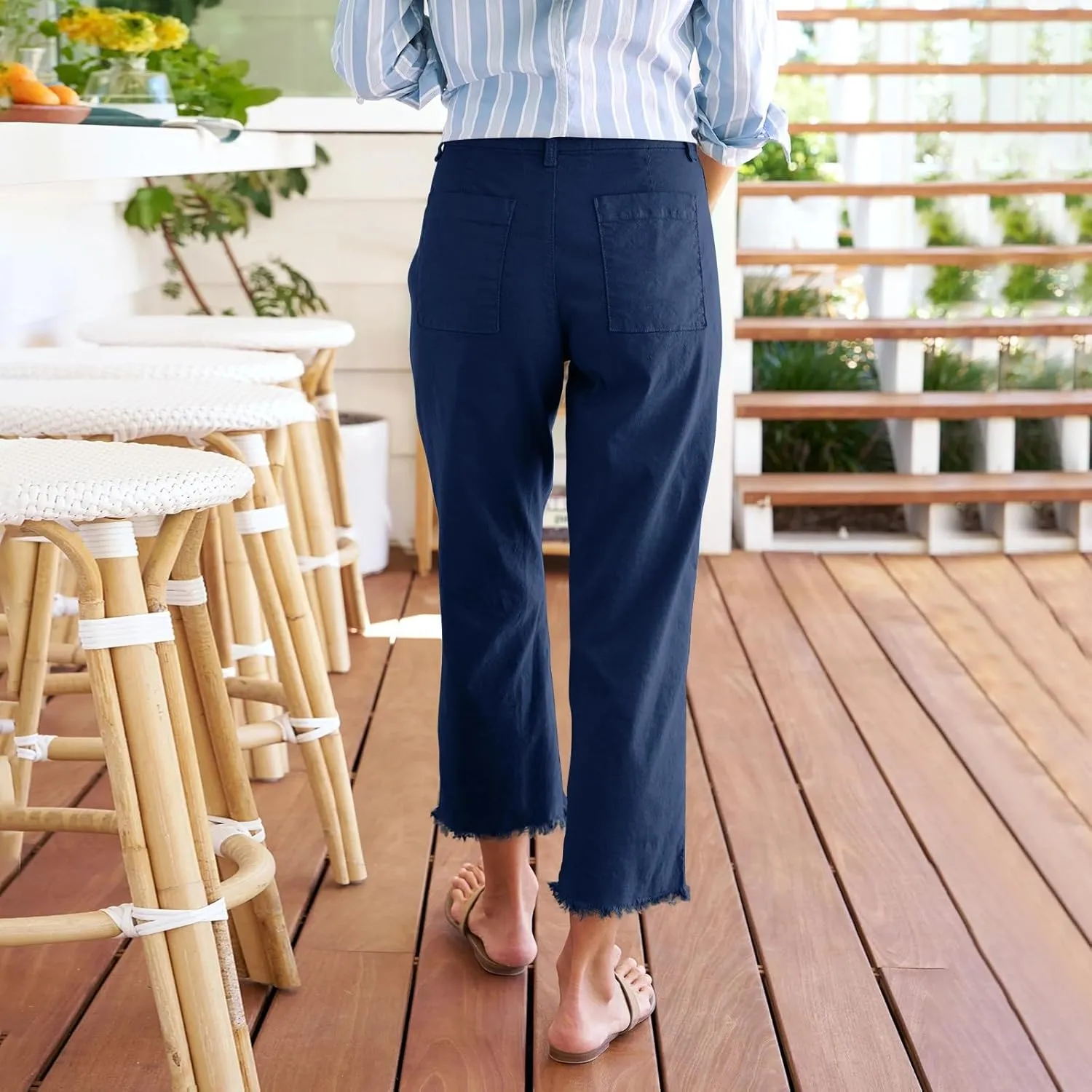 Womens Cargo Pants, Peasant Pants Straight Leg Casual Trendy Linen Plaid Adjustable