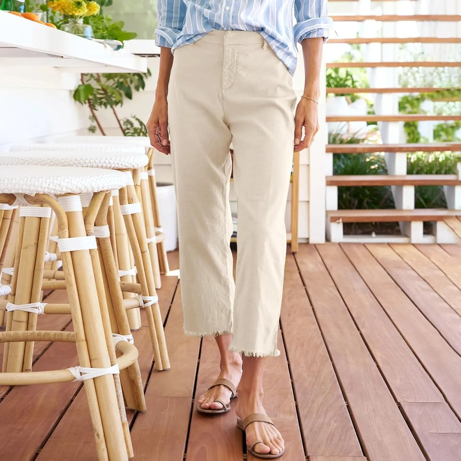 Womens Cargo Pants, Peasant Pants Straight Leg Casual Trendy Linen Plaid Adjustable
