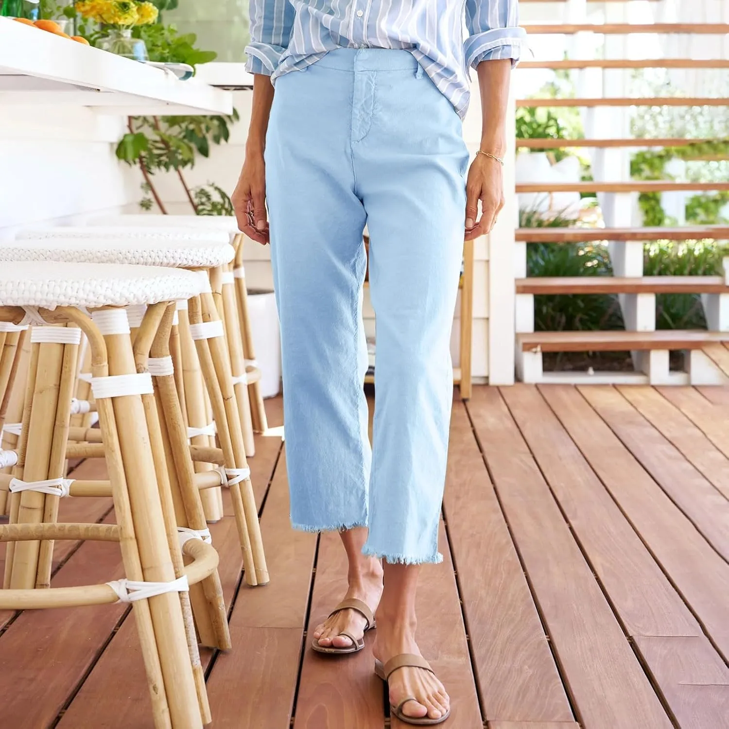 Womens Cargo Pants, Peasant Pants Straight Leg Casual Trendy Linen Plaid Adjustable