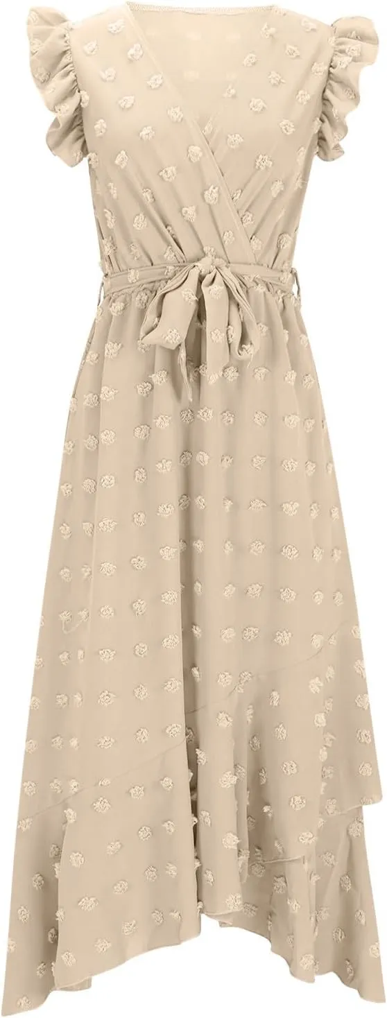Women's Casual Dress 2025 V Neck Swiss Dot Boho Dresses Wrap Midi Ruffle Slit Hem Flowy Swing Beach Long Dresses