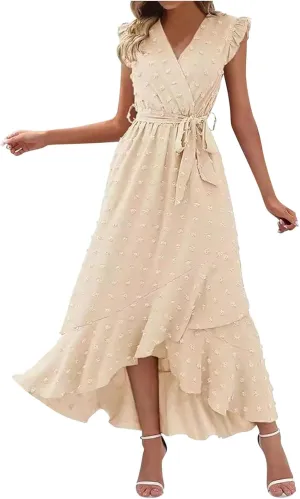 Women's Casual Dress 2025 V Neck Swiss Dot Boho Dresses Wrap Midi Ruffle Slit Hem Flowy Swing Beach Long Dresses