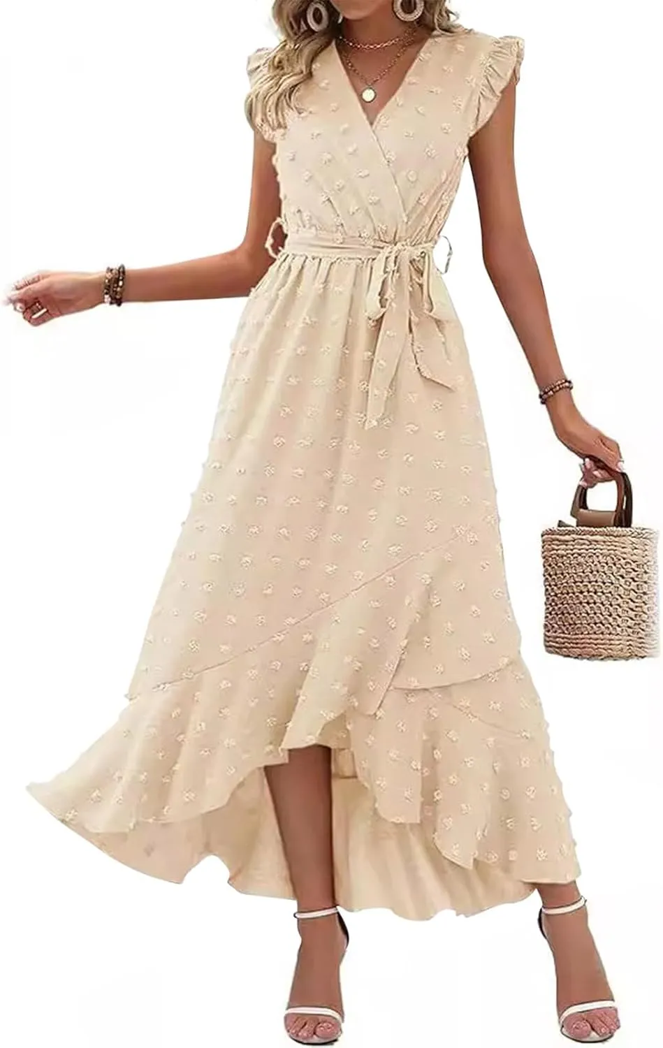 Women's Casual Dress 2025 V Neck Swiss Dot Boho Dresses Wrap Midi Ruffle Slit Hem Flowy Swing Beach Long Dresses