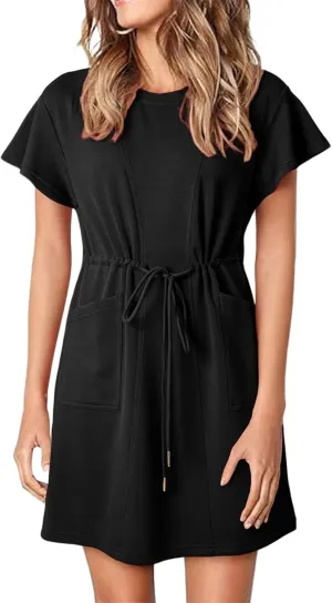 Womens Casual Dress Crewneck Ruffle Short Sleeve Drawstring A Line Mini Dress Summer Flowy Beach Dresses with Pockets
