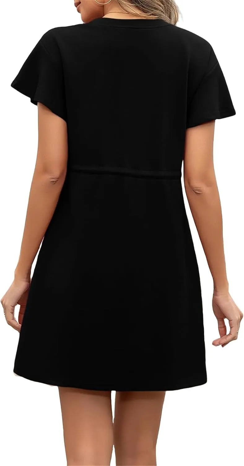 Womens Casual Dress Crewneck Ruffle Short Sleeve Drawstring A Line Mini Dress Summer Flowy Beach Dresses with Pockets