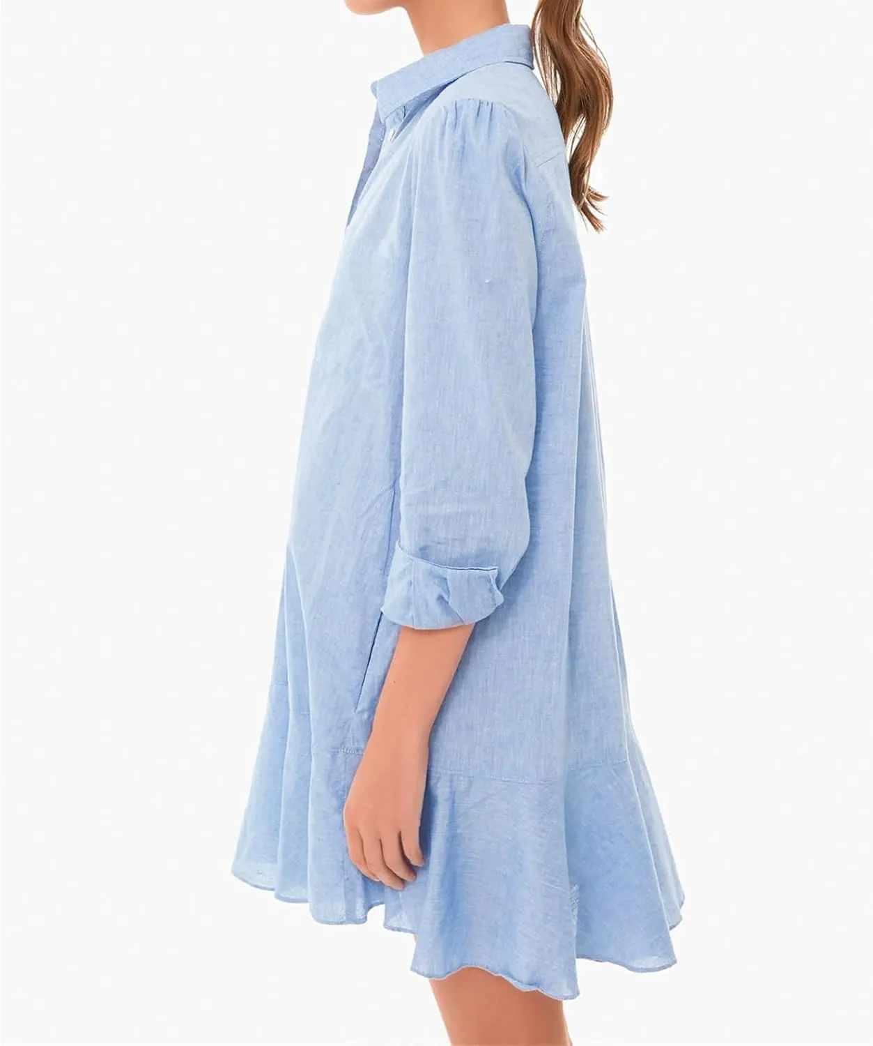 Womens Casual Dress Loose Lapel Button Down Long Sleeve Mini Dresses Trendy Flowy Solid Ruffle Hem Beach Sundress