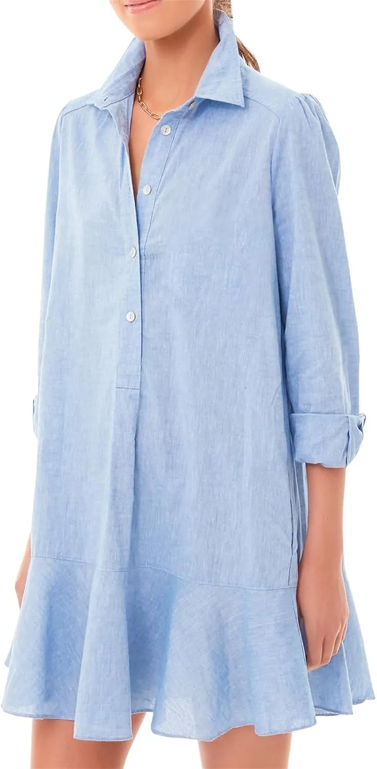 Womens Casual Dress Loose Lapel Button Down Long Sleeve Mini Dresses Trendy Flowy Solid Ruffle Hem Beach Sundress