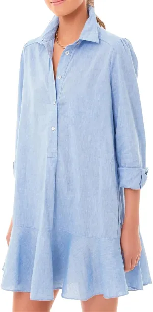 Womens Casual Dress Loose Lapel Button Down Long Sleeve Mini Dresses Trendy Flowy Solid Ruffle Hem Beach Sundress