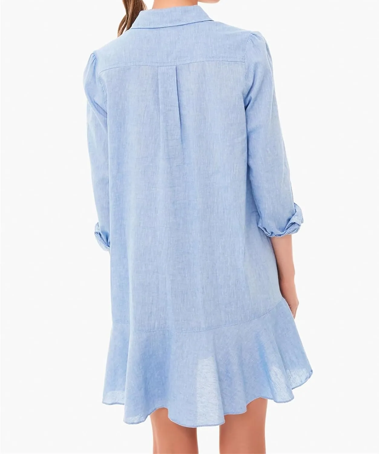 Womens Casual Dress Loose Lapel Button Down Long Sleeve Mini Dresses Trendy Flowy Solid Ruffle Hem Beach Sundress