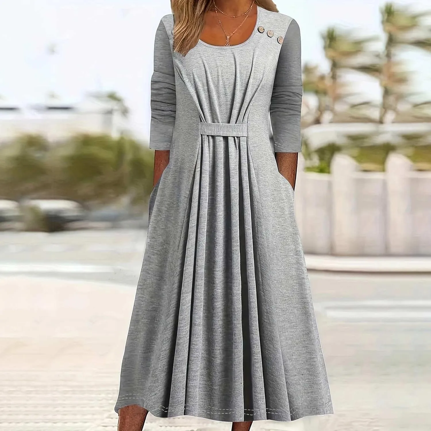 Women's Casual Midi Dress Front Pleated 3/4 Sleeve Dresses with Pocket, Ladies Dressy Knee Length Plain
