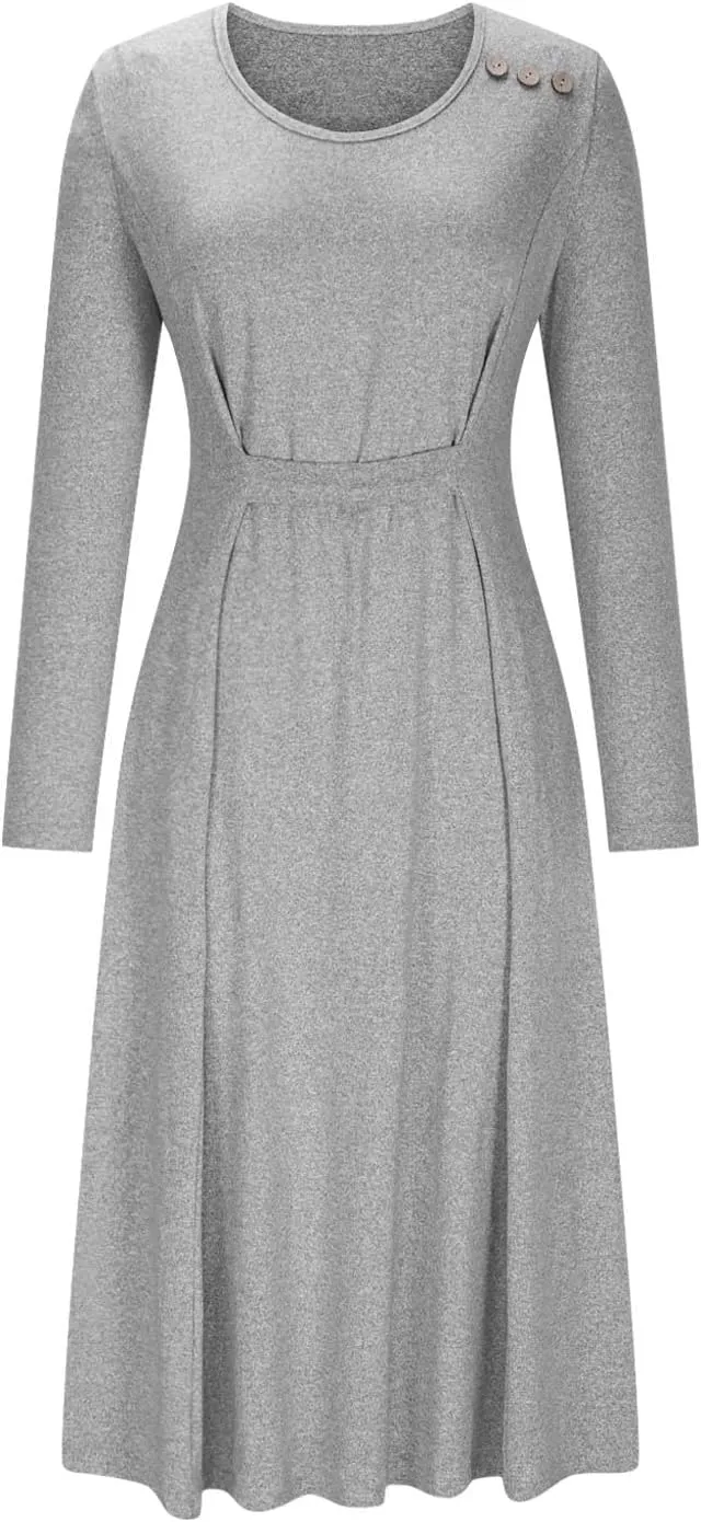 Women's Casual Midi Dress Front Pleated 3/4 Sleeve Dresses with Pocket, Ladies Dressy Knee Length Plain