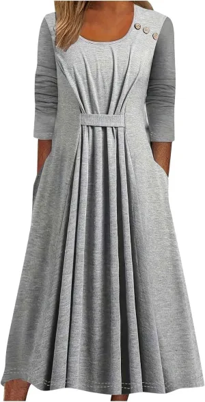 Women's Casual Midi Dress Front Pleated 3/4 Sleeve Dresses with Pocket, Ladies Dressy Knee Length Plain
