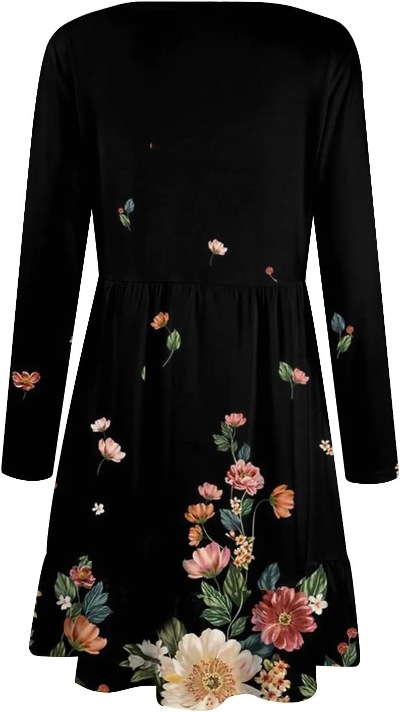 Women's Casual Short Dress Knee Length Crewneck Long Sleeve A Line Flowy Striped Going Out Dresses