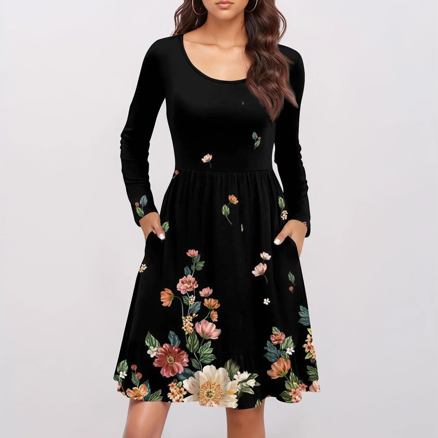 Women's Casual Short Dress Knee Length Crewneck Long Sleeve A Line Flowy Striped Going Out Dresses