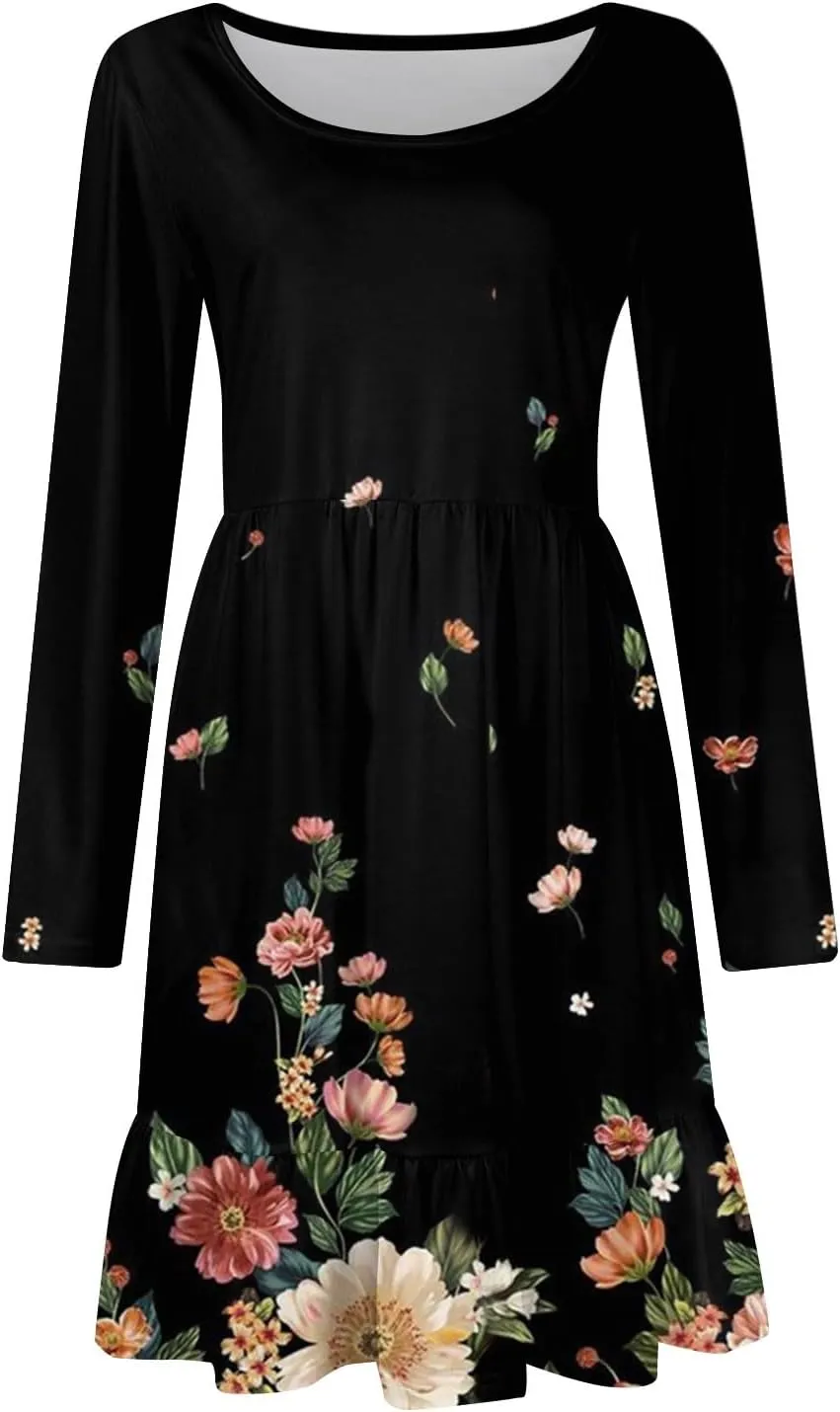Women's Casual Short Dress Knee Length Crewneck Long Sleeve A Line Flowy Striped Going Out Dresses