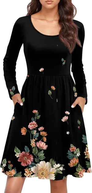 Women's Casual Short Dress Knee Length Crewneck Long Sleeve A Line Flowy Striped Going Out Dresses