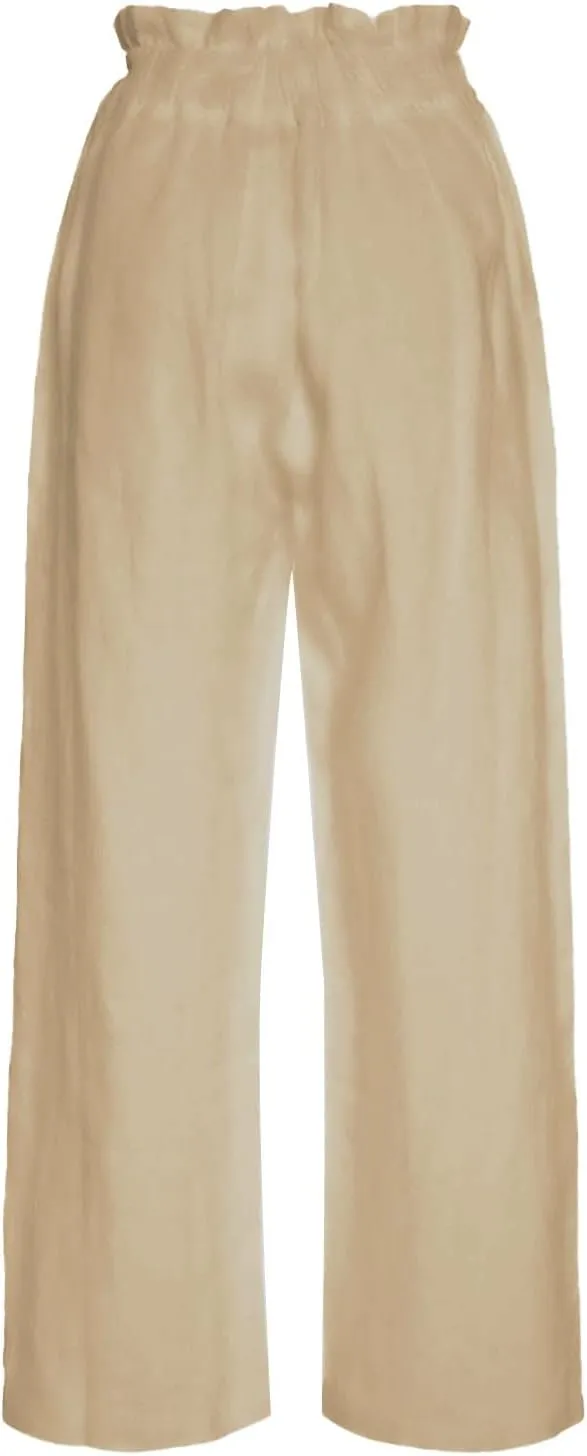 Womens Casual Straight Leg Pants Wide Leg Cotton Linen Elastic Smocked Waist Pants Summer Beach Solid Color Lounge Trousers