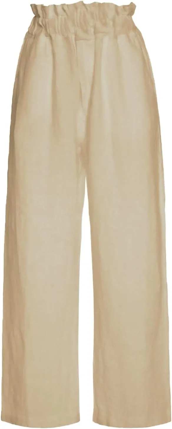 Womens Casual Straight Leg Pants Wide Leg Cotton Linen Elastic Smocked Waist Pants Summer Beach Solid Color Lounge Trousers