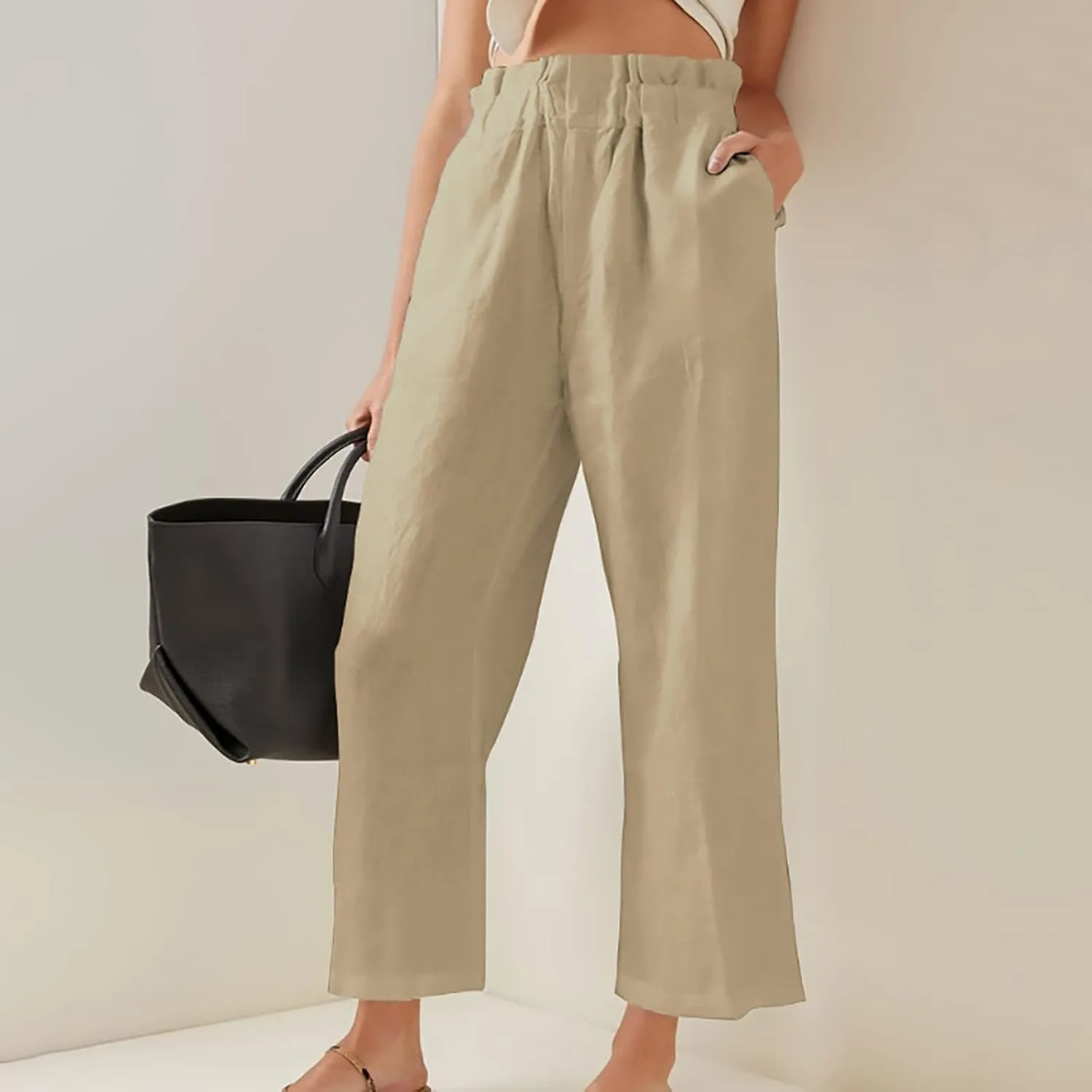 Womens Casual Straight Leg Pants Wide Leg Cotton Linen Elastic Smocked Waist Pants Summer Beach Solid Color Lounge Trousers