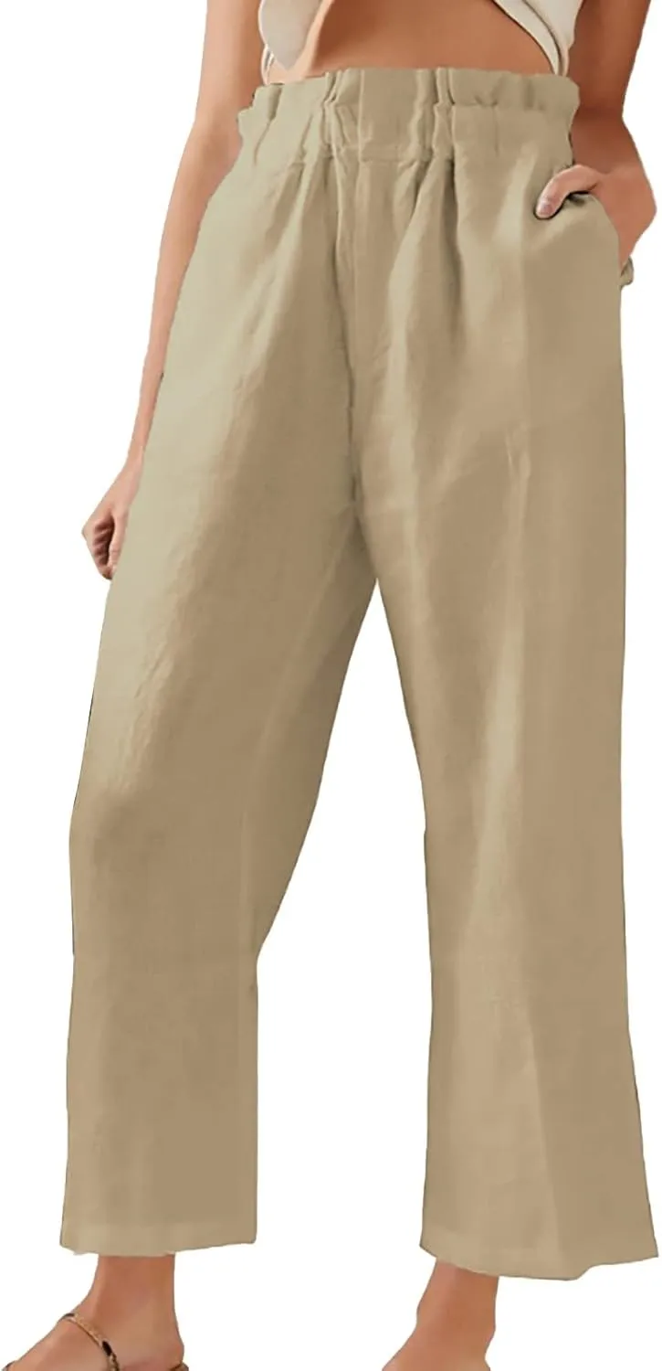 Womens Casual Straight Leg Pants Wide Leg Cotton Linen Elastic Smocked Waist Pants Summer Beach Solid Color Lounge Trousers