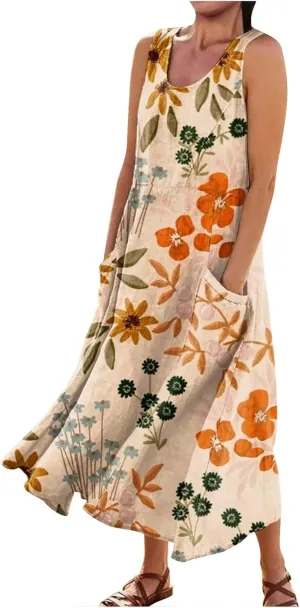 Womens Casual Summer Dresses 2025 Cotton Linen Sleeveless V Neck Maxi Dress Flowy Plus Size Long Dress with Pockets