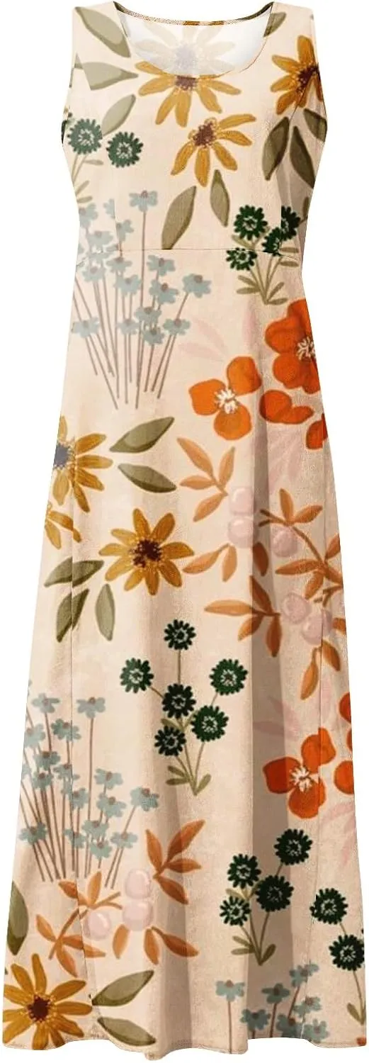Womens Casual Summer Dresses 2025 Cotton Linen Sleeveless V Neck Maxi Dress Flowy Plus Size Long Dress with Pockets