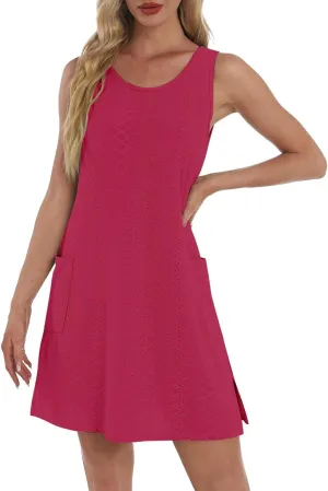 Womens Casual Summer Dresses Sleeveless Crewneck Tank Midi Dress with Pockets Trendy Spring Loose Beach Sundress
