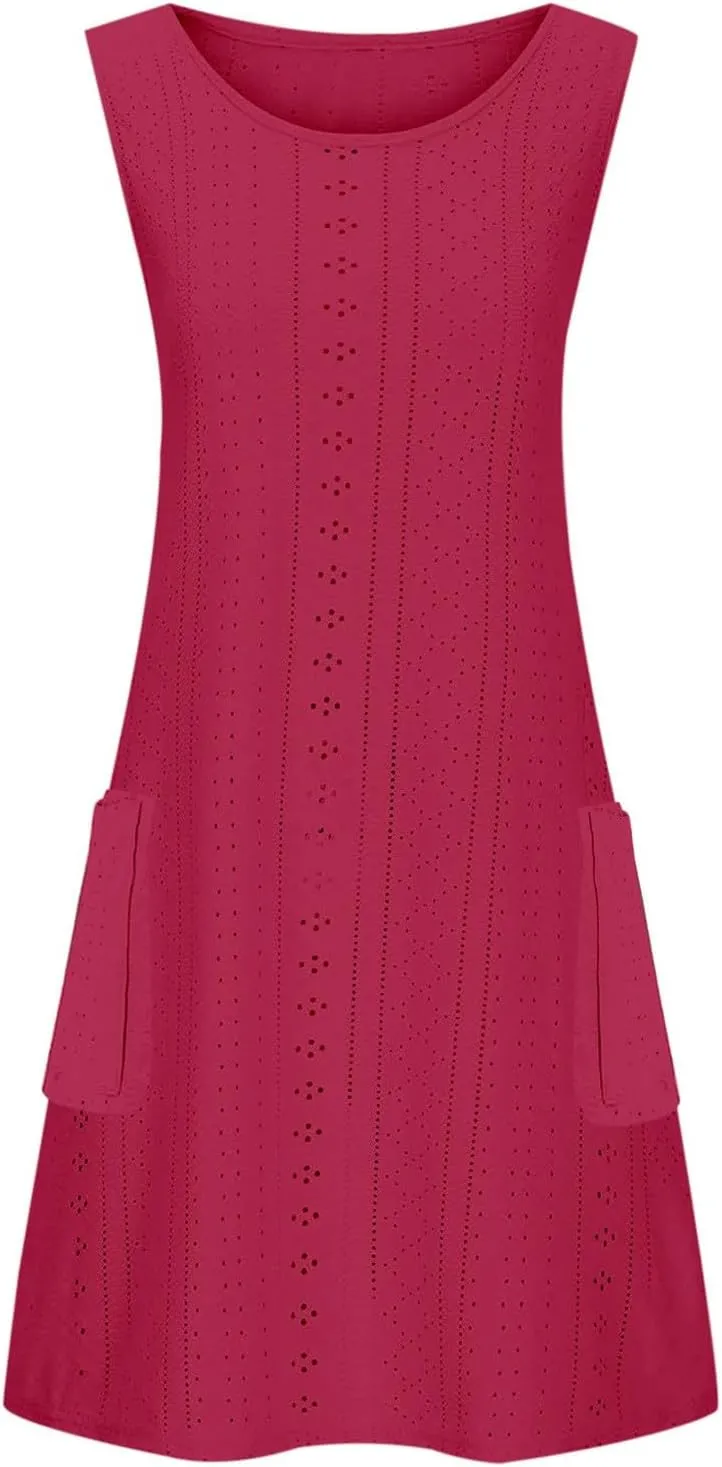 Womens Casual Summer Dresses Sleeveless Crewneck Tank Midi Dress with Pockets Trendy Spring Loose Beach Sundress