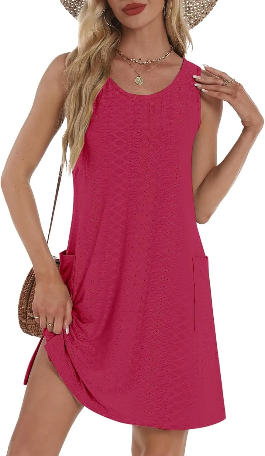 Womens Casual Summer Dresses Sleeveless Crewneck Tank Midi Dress with Pockets Trendy Spring Loose Beach Sundress