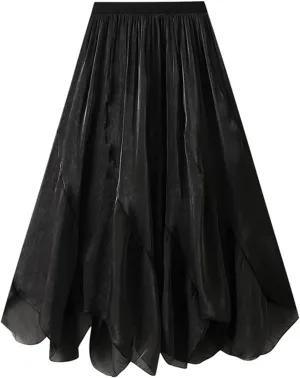 Women's Casual Trendy Ruffle Skirt High Waisted A Line Pleated Midi Long Skirt for Beach Party