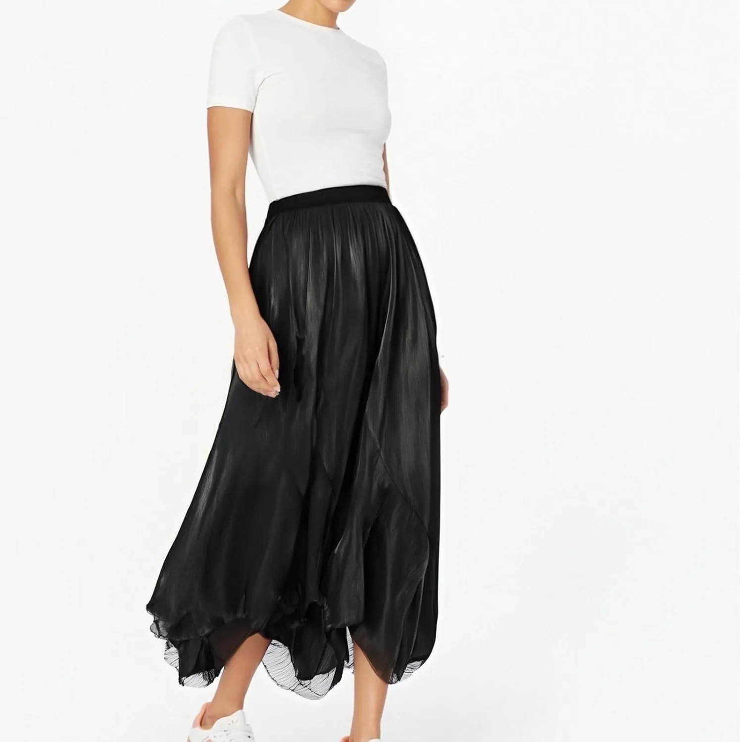 Women's Casual Trendy Ruffle Skirt High Waisted A Line Pleated Midi Long Skirt for Beach Party