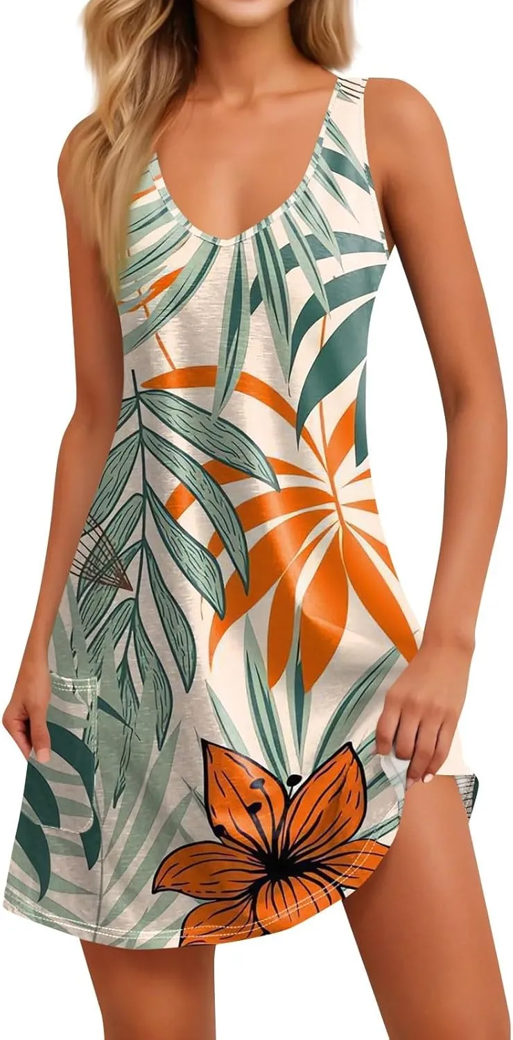 Women's Cocktail Dresses 2025 Beach Casual Sleeveless Floral Print Summer Dress Tank Loose Sundress with Pocket